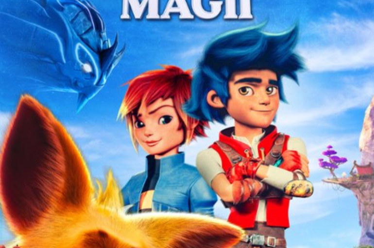 Trzynastoletni bohaterowie stoją i patrzą dumnie z założonymi rękoma a przy ich boku stoi fantastyczny zwierzaczek przypominający liska.